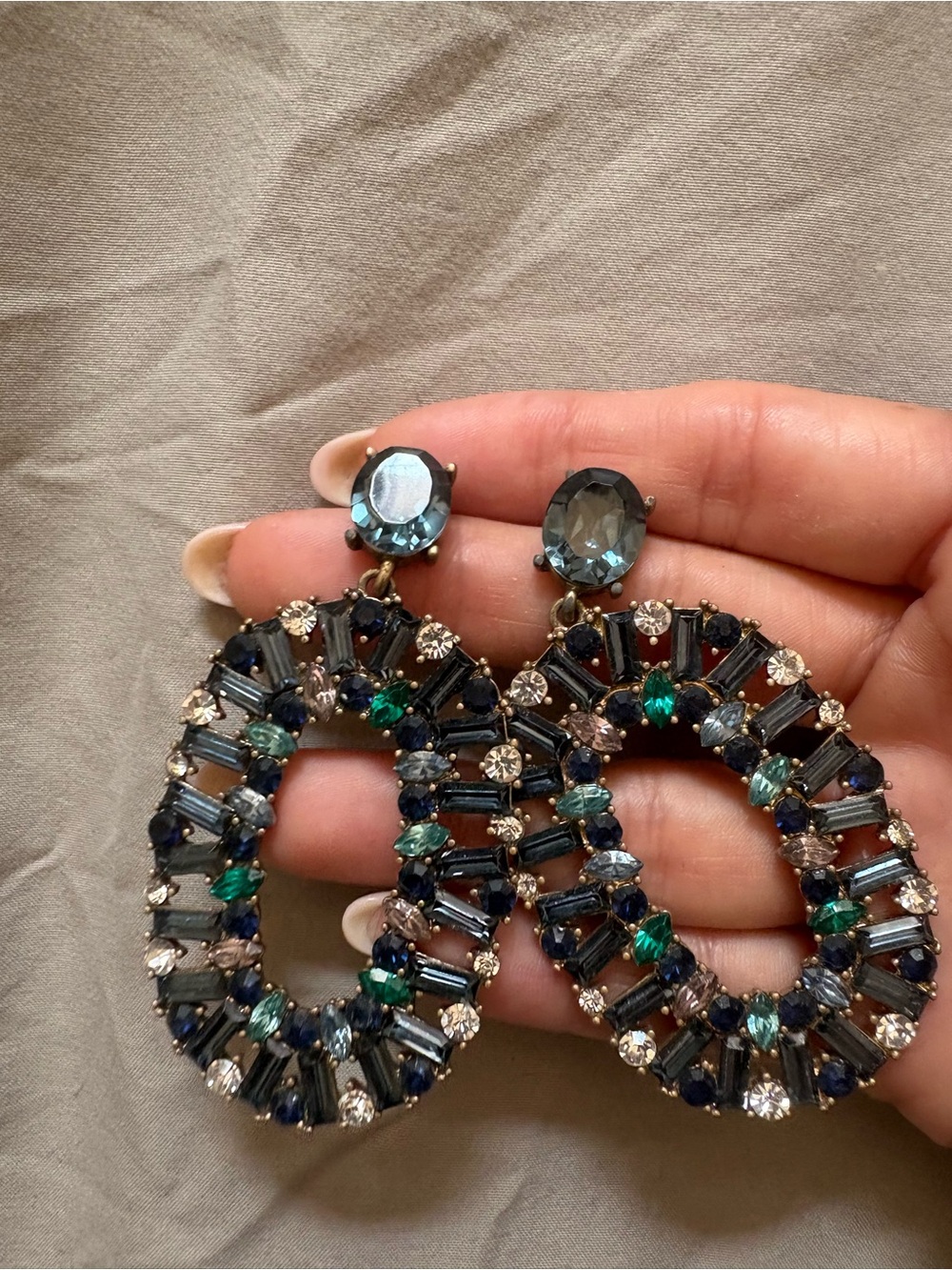 Elegant Navy & Emerald Crystal Hoop Drop Earrings - Women's Jewelry